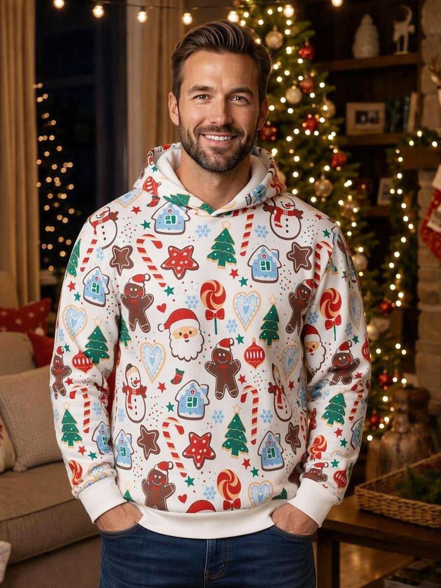 SHEIN [Excl, Baby & Kids]Christmas Cartoon Print Long Sleeve Hoodie Sweatshirt For Men - Multicolor - View 1
