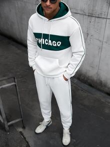 Manfinity CasualCool Men's Hooded Sweatshirt Set, Double-Layer Hood With Contrast Color Design, Contrast Color Piping Trim Craftsmanship, Top With Patchwork Print, Hooded Sweatshirt With Pockets And Drawstring, Paired With Elastic Waist Sweatpants, Pants With Contrast Color Piping Design On Side Seams, Pockets And Drawstring, Loose Fit, Autumn/Winter Men's Hooded Sweatshirt Set - White - View 1