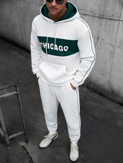 Manfinity CasualCool Men's Hooded Sweatshirt Set, Double-Layer Hood With Contrast Color Design, Contrast Color Piping Trim Craftsmanship, Top With Patchwork Print, Hooded Sweatshirt With Pockets And Drawstring, Paired With Elastic Waist Sweatpants, Pants With Contrast Color Piping Design On Side Seams, Pockets And Drawstring, Loose Fit, Autumn/Winter Men's Hooded Sweatshirt Set