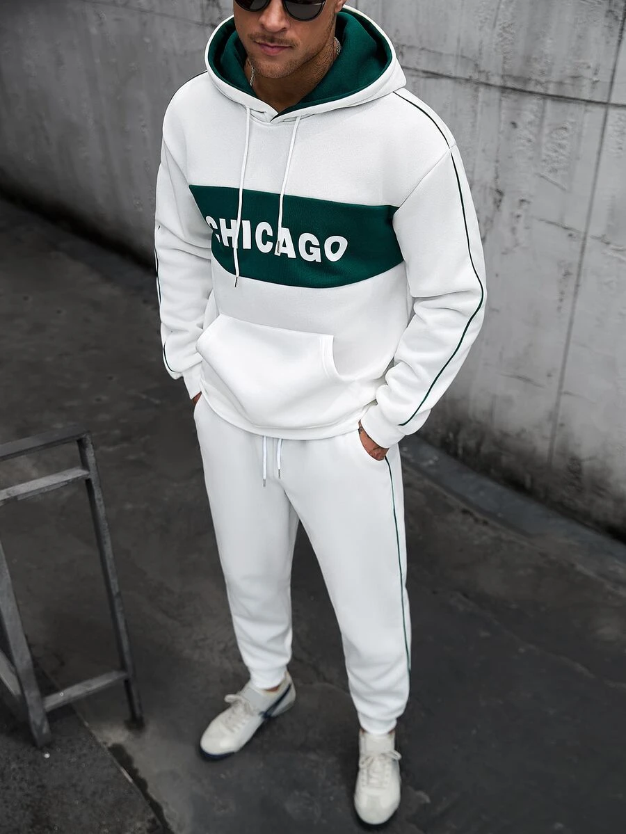 Manfinity CasualCool Men's Hooded Sweatshirt Set, Double-Layer Hood With Contrast Color Design, Contrast Color Piping Trim Craftsmanship, Top With Patchwork Print, Hooded Sweatshirt With Pockets And Drawstring, Paired With Elastic Waist Sweatpants, Pants With Contrast Color Piping Design On Side Seams, Pockets And Drawstring, Loose Fit, Autumn/Winter Men's Hooded Sweatshirt Set - White - View 1