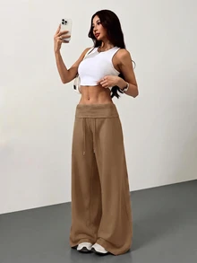 SHEIN Tall CURVE 大尺碼高腰灰色針織抓絨抽繩寬鬆運動長褲，適合冬季畢業季、返校季、畢業典禮、教師穿搭等場合，秋季女款寬腿舒適運動褲 - 駝色 - 查看 5
