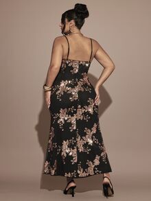 SHEIN BAE CURVE Plus Size Women's Black Sequin Long Spaghetti Strap Tank Dress - Gold - View 5