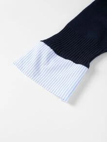 GlowEve CURVE Plus Size Striped Patchwork Collared Long Sleeve Pullover Sweater - Navy Blue - View 4
