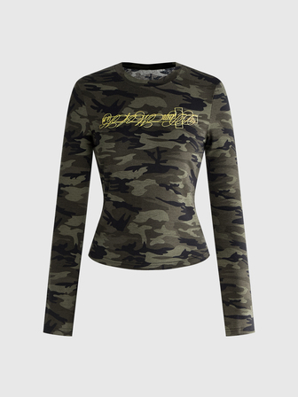 Street Life T-shirt en tricot pour femmes avec imprimé camouflage de rue et broderie de lettres cursives
