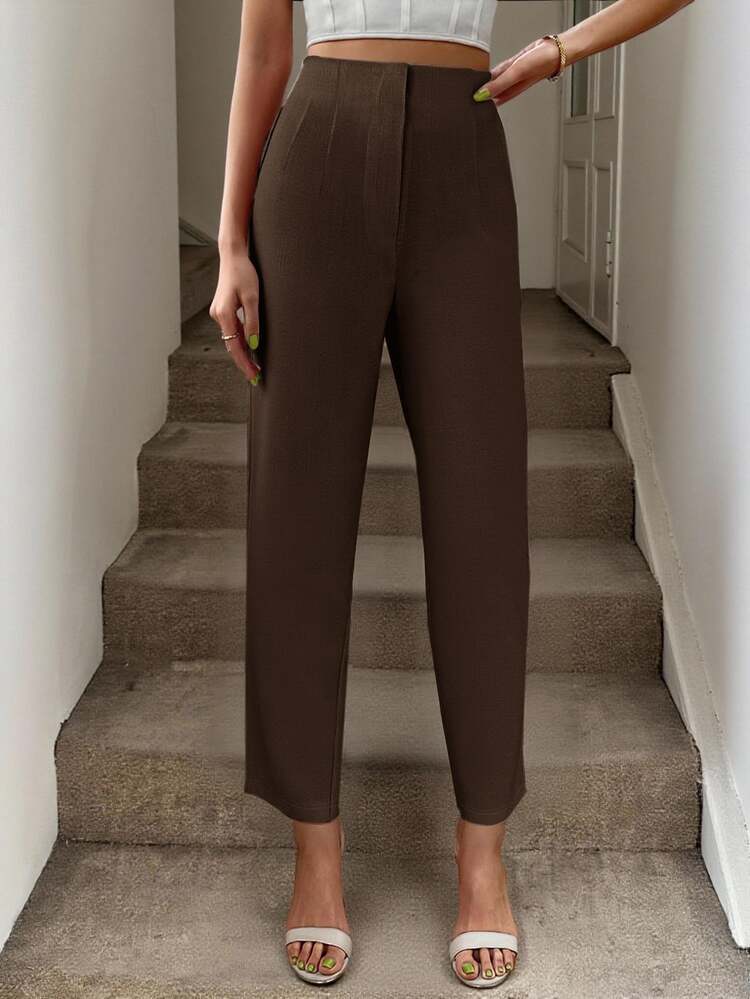 SHEIN LUNE Women's Solid Color Pants, Teacher Formal Trousers, Suitable For Daily Wear, Office Commute,Fall - Brown - View 2