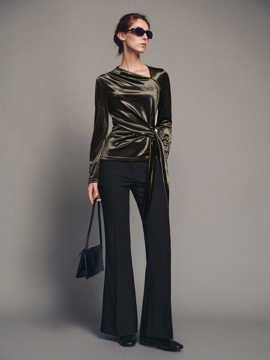 MOTF PREMIUM Combined Structure Strappy Long Sleeve Velvet Top, Autumn/Winter - Coffee Brown - View 1