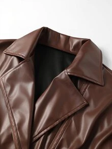 GlowEve CURVE Plus Size Women's Solid Color PU Leather Fashion Versatile Long Sleeve Jacket - Brown - View 6