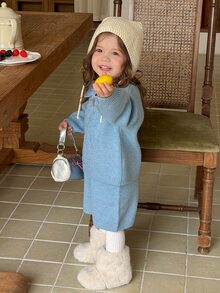 DAZY Baby Girl Bow Decor Long Sleeve Cable Knit Sweater And Knitted Shorts Casual Set - Blue - View 3