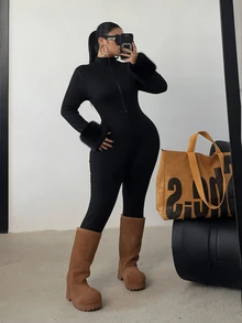 POPSWAY Plus Size Black Long Sleeve Long Pants Jumpsuit With Front Zipper, Waist-Cinching Slim Fit, Minimalist Solid Color Versatile Everyday Jumpsuit - Black - View 5