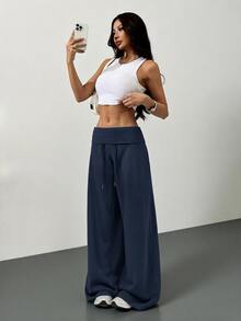 SHEIN Tall CURVE 大尺碼高挑女款灰色針織抓絨抽繩腰鬆身休閒運動長褲，適合秋季畢業季、返校運動穿搭、健身房與辦公室 - 寶藍色 - 查看 3