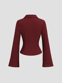 Sweetra Blus Wanita Terbaru Musim Gugur/Dingin, Modis, Kasual, Serbaguna, Warna Polos, dengan Desain yang Mengencangkan Pinggang, Cocok untuk Jalan-jalan, Bersosialisasi, Bepergian, dan Kencan. - Burgundy - View 2