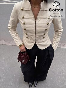 Lavishia Women's Elegant Cotton Double-Breasted Zipper Long Sleeve Jacket,Khaki Zipper Front Napoleon/Military Style Jacket, Outing, Country Concert Attire - Khaki - View 2
