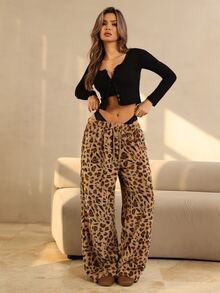 HautHeat Women's Drawstring Waist Leopard Print Casual Daily Home Sleepwear Bottoms - Coffee Brown - View 1