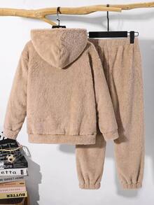 SHEIN 兒童青少年男孩休閒保暖內裡加厚卡其色連帽外套與慢跑褲套裝，適合秋冬、學校、家庭聚會、度假、派對，男孩套裝穿搭 - 卡其色 - 查看 4