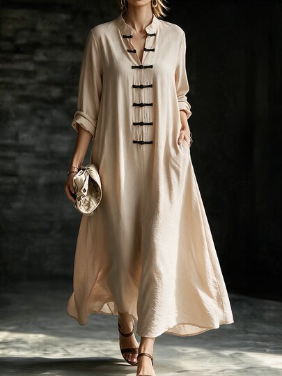 Linhara CURVE Vestido Maxi Casual de Línea A con Cuello Alto, Botones de Rana, Bolsillos Laterales y Manga Larga para Mujer Talla Grande, Adecuado para el Desplazamiento Diario