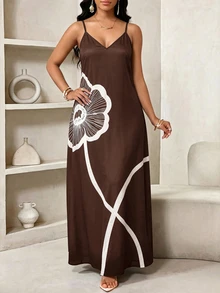 SHEIN Lady Plus Size Women's Floral Print Casual Spaghetti Strap Vacation Dress - Brown - View 5
