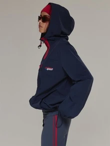 Musera Sport Contrast Colour Panel Zip Through Sport Logo Nylon Style Loose Fit Jacket Active Outdoors Workout Gym Terra Peak - Navy Blue - View 4