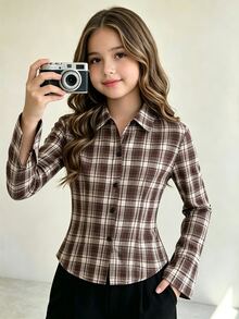 SHEIN 女童休閒英倫風收腰喇叭袖上衣，適合秋冬旅行與戶外場合 - 棕色 - 查看 3