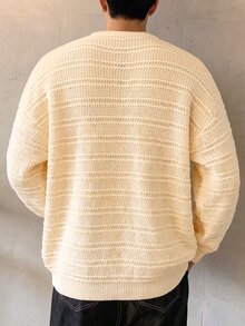 TONEVAULT Men's V-Neck 3D Horizontal Striped Knit Sweater, Old Money Style Textured Drop Shoulder Long Sleeve Casual Versatile Pullover, Autumn/Winter - Apricot - View 2