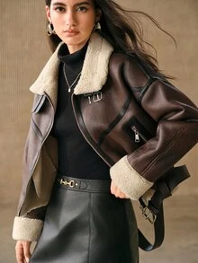 Anewsta Women's Elegant Zipper Long Sleeve Faux Fur Thickened Jacket - Black - View 5