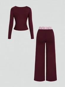 Sweetra Women's Lace Trim V-Neck Long Sleeve Solid Color T-Shirt And Flared Pants, Autumn Outfit, 2 Pieces Set - Burgundy - View 2