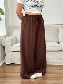 SHEIN PETITE CURVE 2件組大尺碼女款純色抽繩腰休閒日常穿著長褲 - 彩色 - 查看 5