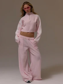 Musera Sport Knitted Ribbed Waist Wide Leg Coord Trouser Cute Girly Autumn Winter Fall Gym Holiday Dainty Ice - Pink - View 1