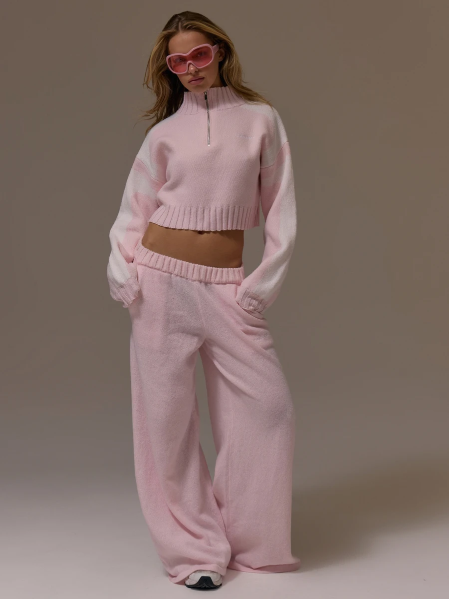Musera Sport Knitted Ribbed Waist Wide Leg Coord Trouser Cute Girly Autumn Winter Fall Gym Holiday Dainty Ice - Pink - View 1