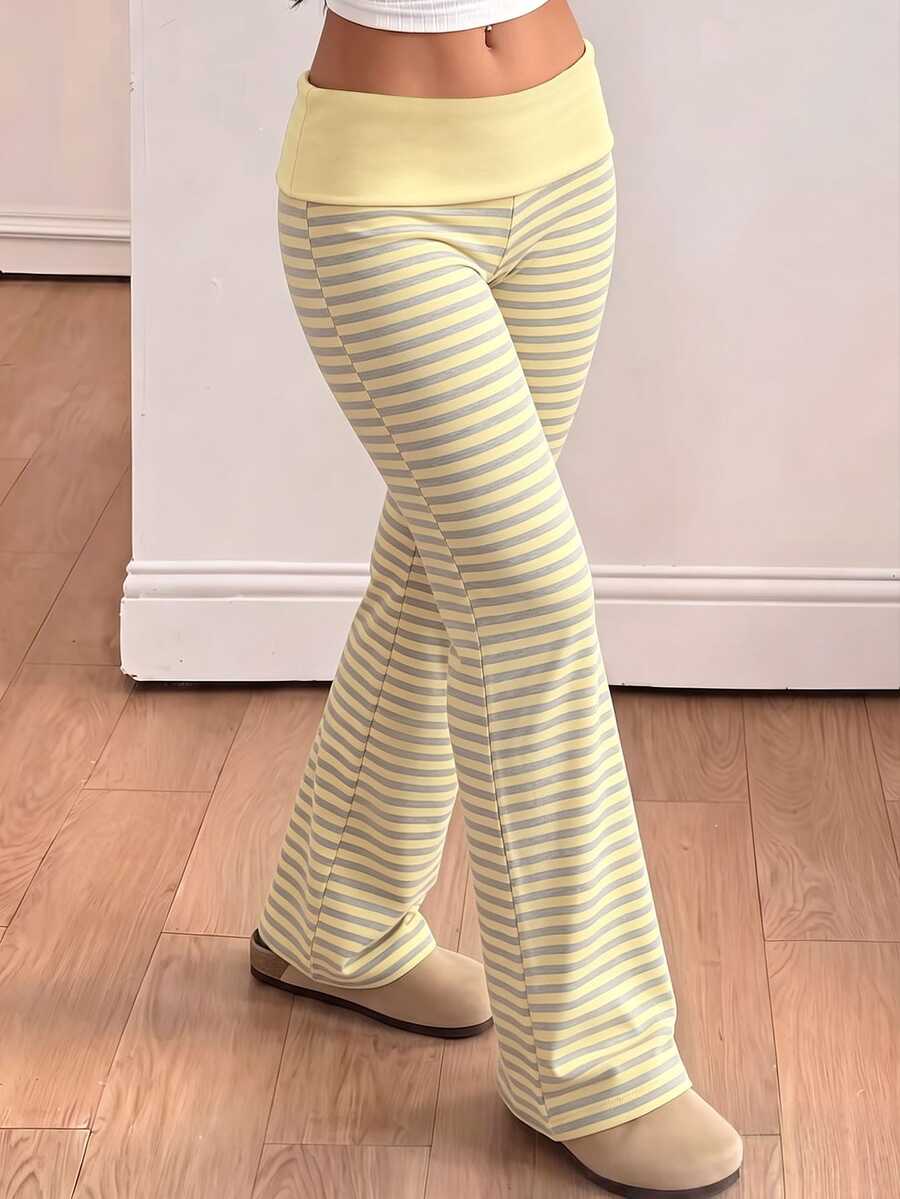 Tween Girls Streetwear Cool Tween Girl Versatile Vintage Y2K Flared Long Pants Green Striped Pattern - White - View 1