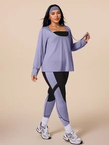 SHEIN Rhythm Era 大尺碼女款長袖連帽T恤與緊身褲對比色運動服套裝 冬季 - 彩色 - 查看 4