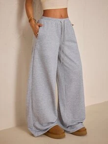 SHEIN PETITE Women's Solid Color Drawstring Waist Pocket Wide Leg Casual Sweatpants - Light Grey - View 5