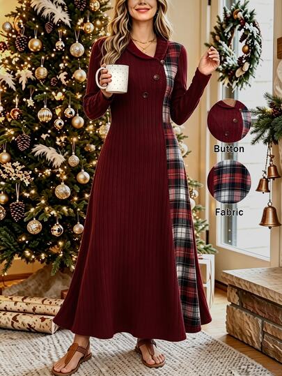 Zayélia Herbst/Winter Neues Vintage Burgunder Strickkleid für Frauen, asymmetrisches kariertes Patchwork-Kragen einreihiges A-Linien Langarm Midi-Kleid, geeignet für tägliches Pendeln, Büro, Thanksgiving und Weihnachten