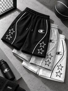 Gym Rark Men's Star Print Drawstring Waist Casual Sports Shorts - Black - View 1