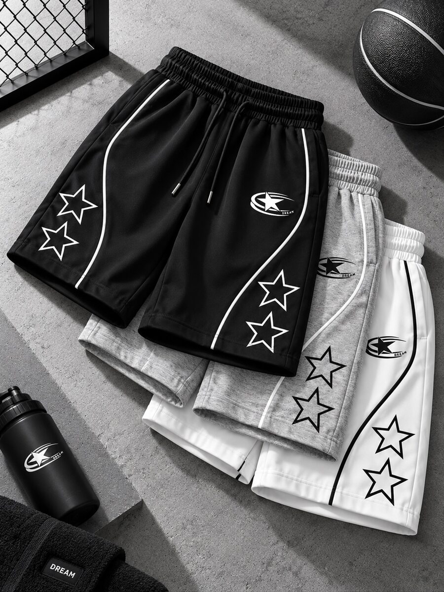 Gym Rark Men's Star Print Drawstring Waist Casual Sports Shorts - Black - View 1