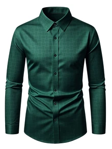 Manfinity CasualCool 男士純色簡約鈕扣長袖襯衫－輕鬆優雅風格，送給丈夫的完美禮物，適合 - 墨綠色 - 查看 3