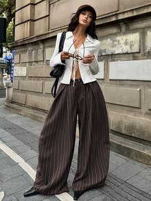 Coolane 女款秋冬波西米亞風商務休閒度假街頭辦公室穿搭外出復古棕色條紋寬鬆寬腿長褲 - 棕色 - 查看 5