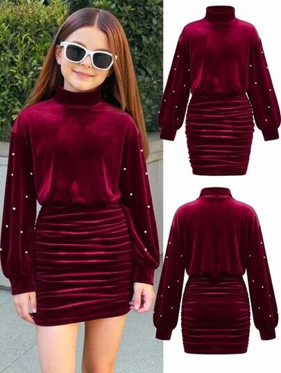 Tween Girl Beaded Petal Sleeve Waist-Cinching Bodycon Dress For Holiday Party, Dance, Casual And Daily Wear