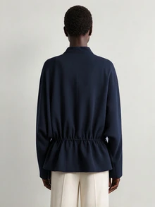 Aalyst Women's Herringbone Texture Apricot Loose Drawstring Side Waist Perforated Tie Bow Adjustable Width Hanging Shoulder Long Sleeved Thin Jacket - Navy Blue - View 2