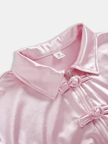 SHEIN 青少年女孩秋冬粉色緞面優雅休閒復古青蛙鈕扣前開方領寬鬆夾克 - 粉色 - 查看 5