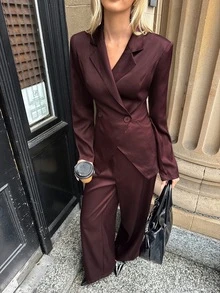 Aloruh Setelan Kerja Wanita Elegan, Warna Burgundy, 2 Potongan, Blazer Lengan Panjang dan Celana Panjang Warna Polos untuk Musim Gugur/Dingin - Burgundy - View 5