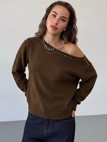 Aloruh 女款不對稱露肩復古性感鉚釘裝飾寬鬆針織套頭毛衣，黑色，秋季時尚夜店穿搭長袖上衣 - 棕色 - 查看 3