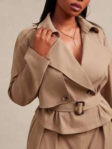 SHEIN SXY Plus Size Women's Solid Color Long Sleeve Jacket And Wide Leg Pants Casual Suit 2 Pieces Set - Khaki - View 7