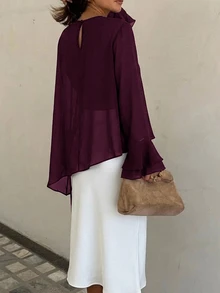 Siren Gaze 女款長袖圓領修身上衣，波浪飾邊設計，休閒優雅，適合秋冬派對、上班、返校穿搭，酒紅色 - 中紫紅色 - 查看 7
