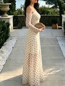 SHEIN PariChic Women's Fashion Polka Dot Asymmetrical Shoulder Mesh Long Sleeve Ruched Waist Flared Slimming Long Dress, Suitable For Party, Date, Dinner, Vacation - Apricot - View 6