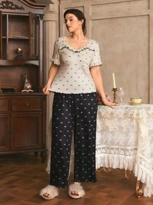 Côtesoire Plus Size French Romantic Knit Bow Print Short Sleeve Long Pants Pajama Set - Multicolor - View 5