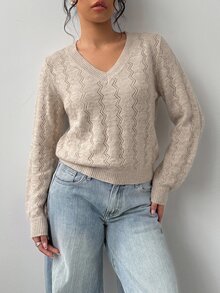 SHEIN BASICS ملابس علوية محبوكة بقصة عادية وأكمام طويلة وياقة على شكل حرف V - رمادي فاتح - مشاهدة 1