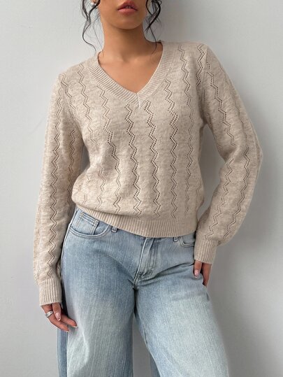 SHEIN BASICS Regular Fit Long Sleeve V-Neck Knit Top