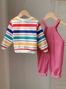 SHEIN 中性新生兒嬰兒男/女寶寶，男嬰2件組秋冬抓絨加厚可愛條紋運動衫套裝，連身衣套裝，萬聖節、聖誕節 - 紅色 - 查看 2