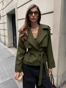 Aloruh 女款純色腰帶休閒法式優雅百搭日常通勤風衣外套 辦公旅行適用 棕色系 秋季 - 軍綠色 - 查看 6