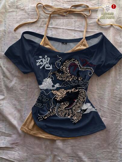 Attitoon Women's 2 In 1 T-Shirt, Navy Blue And Gold Color Block Halter Neck, Casual Minimalist Retro Punk Y2K Versatile Party Gathering Chinese Style Chinese Dragon Print Pattern, Music Festival Outfit, Gothic Outfit, Women's Autumn Clothing, Autumn Outfit, Women's Commute Outfit, All-Match Top, Outing Outfit, Airport Outfit